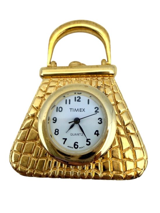 Timex Other - Timex Miniature Desk Clock Handbag Gold-Tone Alligator Pattern Quartz 2" WORKS